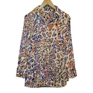 Vintage 80s 90s Mishca Tunic Button up Longsleeve Blouse Abstract Animal Print S